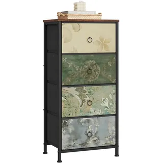 WOLTU Kommode mit 4 Schubladen aus Stoff, Sideboard Schubladenschrank | für Wohnzimmer Schlafzimmer Flur, Rustikales Braun mit Vintage-Blumenmotiv, 45x95x30 cm
