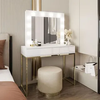 Schminktisch BLANCO mit Spiegel und Beleuchtung goldchrom weiß Hochglanz - Weiß