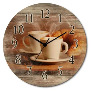 ARTland Holz Wanduhr Funkuhr - schwarzer Zeiger Dampfender Cappuccino und Croissant Größe: 30x30 cm - Braun