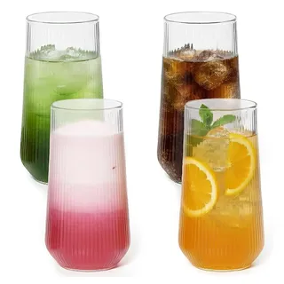 QiMan 4 Gläser Set, 500 ML Matcha Gläser, Universalgläser Wassergläser, Trinkgläser Hohe Qualität und Elegantes, Ripple Glas für Kalte Getränke, Spülmaschinenfest