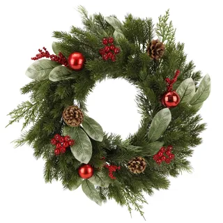 Zavothy Türkranz Weihnachten 45 cm, Weihnachtskranz, Künstlicher Kranz mit Tannenzapfen und Weihnachtskugeln, Adventskranz, Weihnachtsdeko, Haustür Dekoration, Grün und Rot