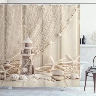 ABAKUHAUS Unterwasser- Duschvorhang, Marine Fischernetz, mit 12 Ringe Set Stielvoll Modern, 175x200 cm, Beige Creme