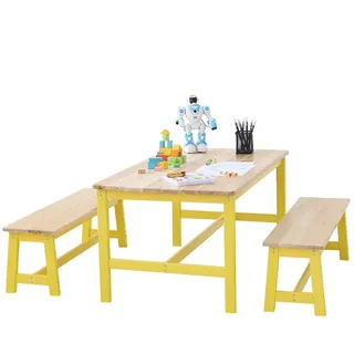Kindersitzgruppe - Massivholz Kindertisch & Bänke Set - Stabile Kindermöbel für Spielzimmer - Gelb - Gelb
