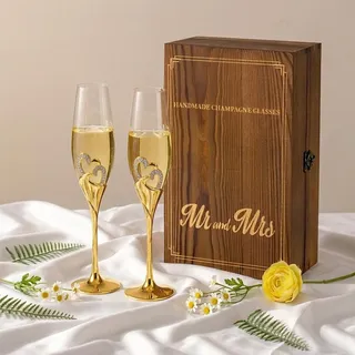 Inweder Sektgläser Geschenk Hochzeit: 2er Sektkelche Kristall mit Holz Geschenkbox für Brautpaar Gold Weingläser Mr & Mrs Trinkgläser für Verlobung Jubiläum Brautparty Braut Bräutigam Geburtstag