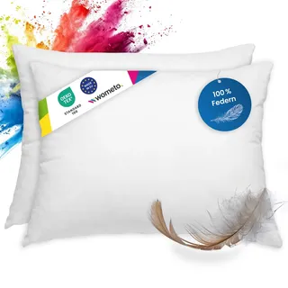 wometo 2er Set Federkissen 100% Federn 40x60-500g Oeko-TEX (2 Stück) | Füllkissen, Sofakissen mit Bezug 100 % Baumwolle weiß (Innenkissen / Kissenfüllung / Kopfkissen)
