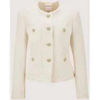 Kurzblazer MADELEINE "Blazer Kurzblazer mit Fransenkanten", Damen, Gr. 44, grau (kiesel), Obermaterial: 53% Polyester PES. 47% Baumwolle CO., Modern, normal, Blazer Kurzblazer