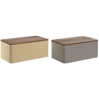 Home ESPRIT Brotkasten, Beige, Grau, Metall, Akazie, 33 x 18 x 12 cm (2 Stück)
