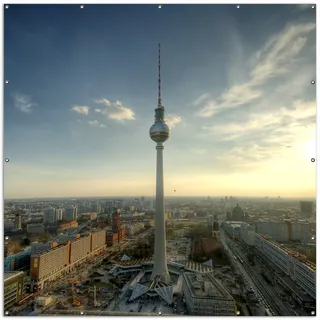 Wallario XXL Outdoor-Poster für Garten oder Balkon, Motiv Fernsehturm Berlin mit Panoramablick über die Stadt, in ca. 200 x 200 cm - Blau