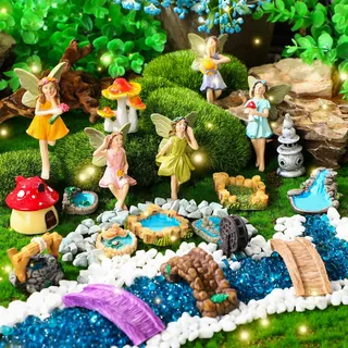 19-teiliges Feengarten-Figuren-Set aus Harz, Miniatur-Garten-Pilzhaus-Figuren, Mini-Teich, Rasenbrücke, Wasserbrunnen, Leuchtturm, Brücke, Figuren, Ornament für Blumentöpfe, Bonsai-Basteldekoration