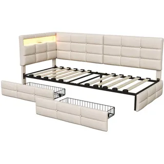 EuroLiving Polsterbett 90x200 cm Tagesbett mit 2 Schubladen, LED & Usb, Einzelbett mit L-förmigem Kopfteil, Beige , Metall , 90x200 cm , Schlafzimmer, Betten, Polsterbetten
