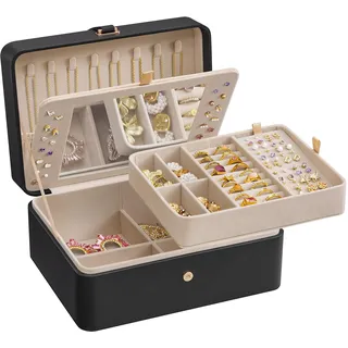 SONGMICS Schmuckkästchen mit Spiegel, Schmuckkasten mit 2 Ebenen, Schmuckbox, flexibles Schmucktablett, 17,6 x 22 x 11 cm, Ohrstecker-Organizer, Geschenkidee, tintenschwarz JBC200B01