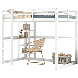 Modfu Hochbett aus Kiefer 140x200 cm Antikweiß mit Schreibtisch und 4 Ablagefächern , Weiß , Holzwerkstoff , 140x200 cm , Babymöbel & Kindermöbel, Kinderzimmer & Jugendzimmer, Kinderbetten, Hochbetten