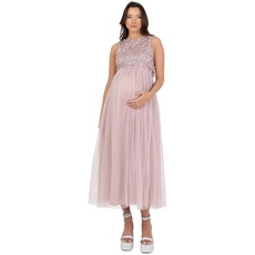 Maya Deluxe Women's Womens Ladies Maternity for Pregnant Wedding Guest Midaxi Sleeveless Sequin Embellished Tulle Crew Neck Bridesmaid Dress, Soft Pink, 40