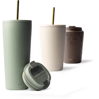 MAMEIDO Thermobecher mit Strohhalm 700 ml, Trinkbecher mit Deckel und Strohhalm aus Edelstahl doppelwandig isoliert, auslaufsicher, Coffee to go Becher (Desert Sage)