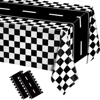 Rennauto-Tischdecken, 2 PCS Rennstrecke Rechteckig Tischdecken, 137 * 274 cm Kariert Rennwagen Partyzubehör, Karierter Tischläufer Schwarz Weiß, für Jungengeburtstagsfeiern, Rennsport-Themenartikel