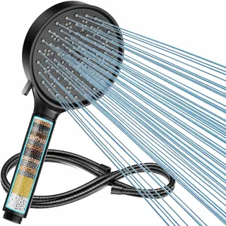 Cobbe Filter Duschkopf mit Schlauch, Hochdruck Duschbrause mit 6 Strahlarten, Duschkopf Wassersparend mit Duschschlauch, Handbrause mit Filter Gegen Kalk für Hartes Wasser Chlor, Schwarz