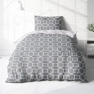 Träumschön Biber Bettwäsche Set 2tlg 155x220 cm + 80x80 cm – Flauschige Bettwäsche Silber – Weiche Winterbettwäsche im Hexagon Design - Atmungsaktiv, Warm & Hautfreundlich - 100% Baumwolle