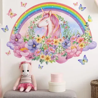 COVPAW Wandtattoo Regenbogen Einhorn Wandaufkleber Blumen Wolken Schmetterlinge Mädchen Wandsticker Wanddeko für Mädchenzimmer Kinderzimmer Babyzimmer (Einhorn unter dem Regenbogen)