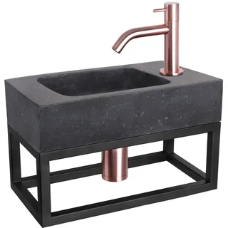 Differnz Bombai Black Waschbecken mit Handtuchhalter - Waschtisch Anthrazit Naturstein - Gebogener Wasserhahn Rot Kupfer - Komplettset - 40 x 22 x 9 cm