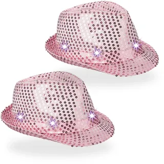 Relaxdays Pailletten Hut 2er Set, mit 6 LEDs, 3 Leuchtmodi, Glitzer, Männer & Frauen, Partyhüte, Silvesterhüte, rosa