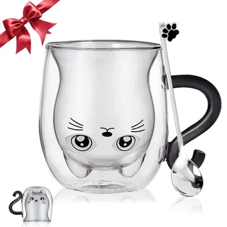 Binoster Geschenke für Frauen Geburtstag Katze Doppelwandige Kaffeegläser,Katzentasse,Geschenk für Mama,Papa,Lehrer,Freundin,Geschenkidee,Geschenk zum Muttertag,Vatertag,Valentinstag,Halloween