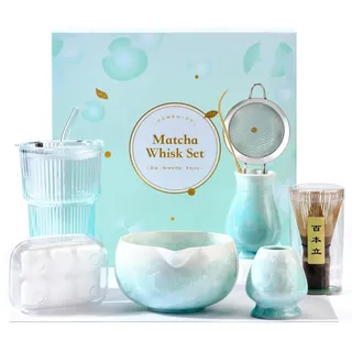 Matcha Set Blau 9-teilig Crystal Flower Schale Bambusbesen Halter Glasbecher Eiswürfel Löffel Sieb Teetuch - Blau