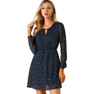 Allegra K Damen A-Linie Glitzer Kleid V-Ausschnitt Metalic Stern Minikleid Dunkelblau XS