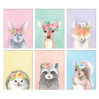 L & O Goods Woodland Animals Kinderzimmer Dekor | Baby Junge & Mädchen Wandkunst Aquarell Drucke | Set mit 6 Postern für Schlafzimmer | niedliche Kinder-Poster | 20,3 x 25,4 cm