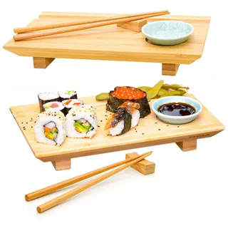 DuneDesign Sushi Geschirr Set 2 Personen - 27x16x4 Bambus Serviertablett - Sushiset mit Stäbchen und Dipschalen - Holzbrett mit Schalen - Servierbrett Teller aus Holz - Servierplatte Geschenkset