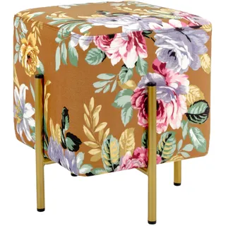 Baroni Home Quadratischer Samt-Fußhocker, gepolsterter Wohnzimmer-Pouf, Pouf-Bank für das Schlafzimmer, Blumenbasis Cognac, 33x33x38 cm