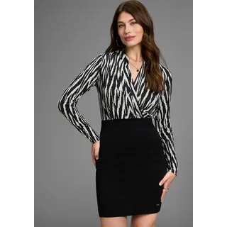 Jerseykleid BRUNO BANANI, Damen, Gr. 46, N-Gr, schwarz (schwarz, gemustert), Milano Rib, Obermaterial: 70% Viskose, 25% Polyester, 5% Elasthan. Top: 95% Polyester, 5% Elasthan, bedruckt, gemustert, figurbetont kniefrei, tiefer V-Ausschnitt, Kleider Jerseykleid, mit eleganter Wickeloptik und Print