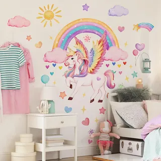 Wandtattoo Regenbogen Einhorn Wandaufkleber Wolken Rosa Herze Mädchen Wandsticker Wanddeko für Mädchenzimmer Kinderzimmer Babyzimmer Schlafzimmer Wohnzimmer