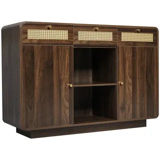 Urban Meuble Sideboard Nussbaum, Rattanfronten, Goldgriffe 3 Schubladen, 2 Schränke, Höhenverstellbare Einlegeböden , Walnussfarben , Holzwerkstoff , Rechteckig , 120x85x40 cm , Kleinmöbel, Kommoden, Sideboards