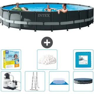 Intex Round Ultra XTR Frame Swimming Pool – 610 x 122 cm – inklusive Pumpe – Leiter – Bodenplane – Abdeckung Wartungspaket - Filterbälle - Bodenfliesen