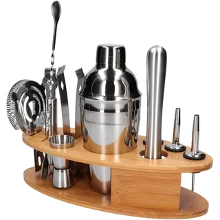 Whiskey Rocks 11-er Cocktail Shaker Set mit Holzständer - Cocktail & Bar Zubehör - Paris Shaker 550 ml - Barkeeper Set - Bar Set - Cocktail Messbecher & Stößel - Barlöffel - Edelstahl - Silber