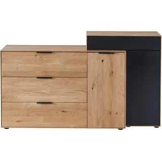 Valdera Sideboard , Holz, Metall, Glas , Wildeiche , vollmassiv , 3 Fächer , 4 Schublade(n) Schubladen , 169.4x99.9x45.2 cm , Typenauswahl, Beimöbel erhältlich, umfangreiches Zubehör erhältlich , Holzmöbel, Wohnwände Holz, Wohnwand Serien Holz