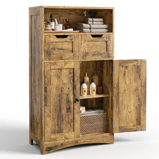 bealife Badezimmerschrank mit 2 Schubladen, verstellbares Regal, multifunktional, für Badezimmer, Schlafzimmer, Flur 60 x 30 x 108 cm) (Retro)