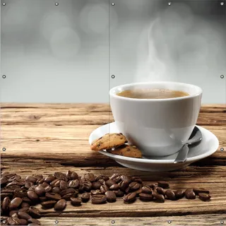 Wallario Outdoor-Poster für Garten oder Balkon, Motiv Heiße Tasse Kaffee mit Kaffeebohnen, in ca. 180 x 180 cm - Braun