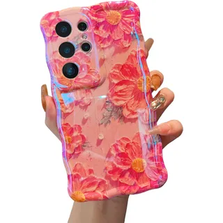 XIZYO Ölgemälde Blume Hülle für Samsung Galaxy S25 Ultra, Rosa Blume/Rosa | Ästhetische Bunte Retro Floral Muster, Niedliche Lockige Wellenform, Laser Glitzer, Stoßfeste Kratzfest, Luxus Mädchen