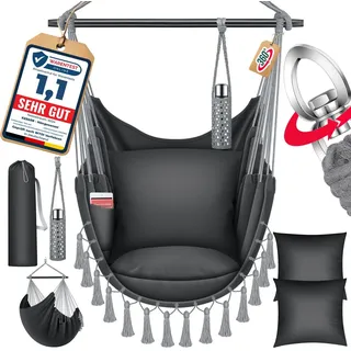KESSER® Hängesessel mit 2 Kissen Getränkehalter & Bücherfach - Safari XXL Hängestuhl für Erwachsene & Kinder Hängematte bis 150 kg Hängesitz Aufhängung Indoor & Outdoor Wohn & Garten Terrasse - Grau