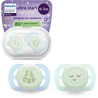 Philips Avent ultra start Nighttime Schnuller – kiefergerecht geformtes Design, für Neugeborene, leuchtet im Dunkeln, weicher, symmetrischer Silikonsauger, BPA-frei, 2er-Pack, SCF075/18