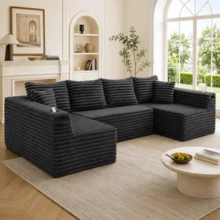 Cord-Sofa U-Form Wohnlandschaft mit Federkern U-förmiges Sofa mit Getränkehalter Seitentaschen Modulsofa PolstersofaCouch groß 4-Sitzer Wohnzimmersofa - Grau