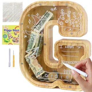 Lakpopya Spardose für Kinder Jungen Mädchen Sparschwein Kinder Spardose Personalisiert Durchsichtig Spardose Buchstabe Holz A-Z mit Zielbereich & Aufkleber & Marker, Taufe Geschenk Dekoration (G)