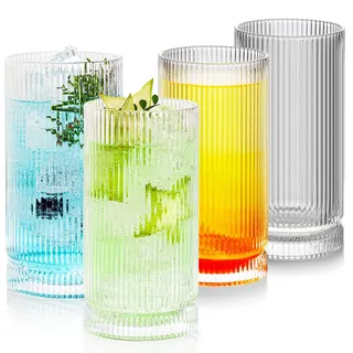 POLIDREAM Trink Gläser 4er Set, 480ml Vintage Glasbecher mit Prägung, Romantische Kaffeetassen, Vintage-Whiskygläsern gerippte Wassergläser für Bier, Saft, Whiskey, Cocktail, Milch