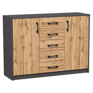 Kommode mit 5 Schubladen und 2 Türen in matter Ausführung, Kommode 110cm breit Holz Schrank Sideboard Highboard Kommode mit Schubladen graphit Eiche - Grau, Braun