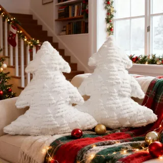 Lanpn 2 Stück Weihnachtsbaum Kissen Weihnachtskissen, Baum Weihnachts Kissen Dekokissen Flauschiges Zierkissen für Party Bett Sofa Couch Weihnachtsdeko (Cremeweiß, 40,5x45,5cm)