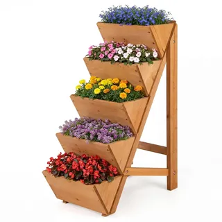 FANTASK Hochbeet mit 5 Etagen, Vertikalbeet aus Tannenholz mit Pflanzkästen, vertikales Blumenkasten, Gartenbeet Holz, Gemüsebeet für Terrasse Balkon Garten (Orange)