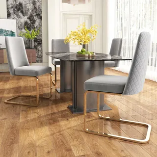 Flieks Freischwinger 4er Set, Esszimmerstühle mit Golden Metallbeinen, Schwingstuhl Polsterstühle mit Samtbezug, Küchenstühle Wohnzimmerstühle, Beige - Grau