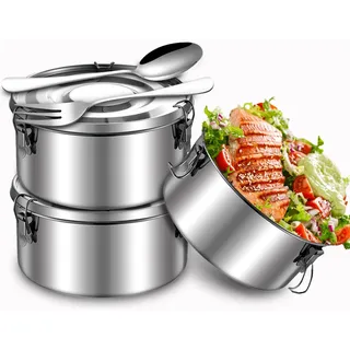 Plstod 3 Stück Silber Edelstahl Dose mit Deckel,360ml Edelstahl Behälter Auslaufsicher, Metall Brotdose Schule (mit Löffel und Gabel), Bento Box Jausenbox Brotbox für Erwachsene