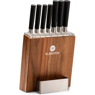 Klarstein Messerblock mit Messer, 7-Teiliges Messer-Set mit Block, 7 Küchenmesser & Holz-Messerblock, Scharfes Stahl-Messerset, Kratzfest, Japanisch Inspiriertes Messerset mit Block für Profiköche - Braun
